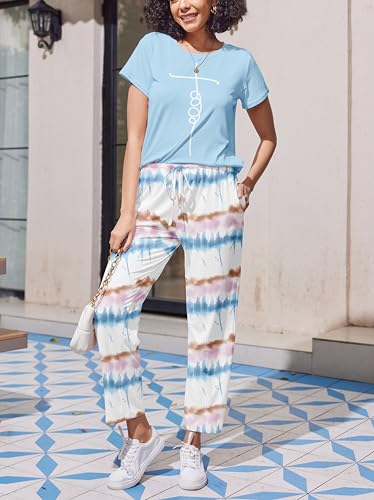Image of Ekouaer Pajama Sets for Women Round Neck Pjs Short Sleeve Sleepwear with Long Pants Loose Lounge Sets