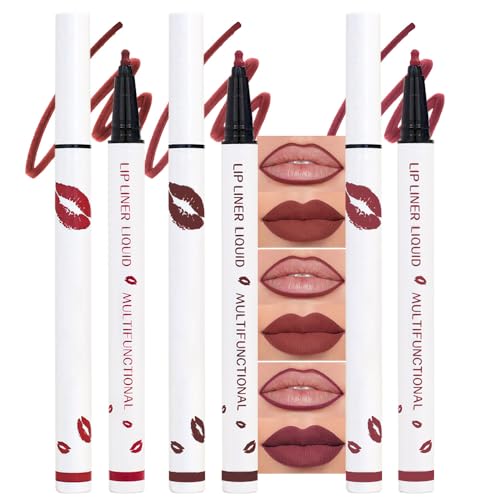 Image of 3Pcs Longwear Liquid Lip Liner Stain Marker Pen Set Long Lasting Waterproof, Dark Black Cherry Wine Red Matte 24 Hour Lip Liner and Lipstick Combo, Color Stay Lipliner All Day, Lip Stains peel off