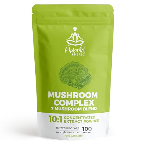 HYBRID HERBS Mushroom Complex Powder 100g - 7 Organic Mushroom Supplement 10:1 Extract | Lions Mane Reishi Cordyceps Chaga Tremella Shiitake Maitake | Brain Energy & Immunity | 100 Servings
