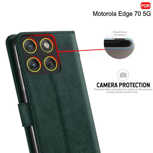 Image of TheGiftKart Flip Cover Back Case for Motorola Moto Edge 70 5G | Genuine Leather Finish | Designer Button | Inbuilt Pockets & Stand | Wallet Style Flip Case Cover for Moto Edge 70 (Faux Leather, Green)