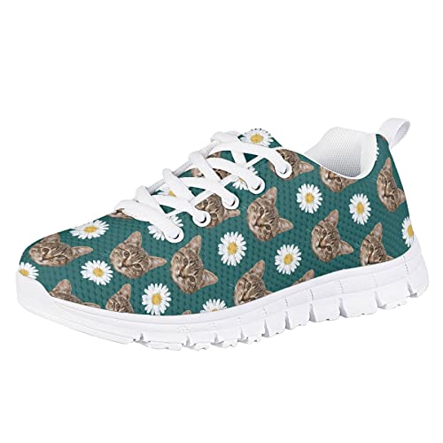 Floral Cat Print Green Cute Running Shoes for Little Girls Size 10.5 Kids Gym Dance School Lightweight Mesh Casual Daily Athletic Sneakers Girls Outdoor Indoor Fall Spring Walking Tennis Shoes