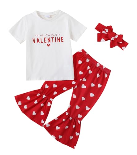 Tinypainter Girl Valentines Day Outfit Letter Tee Shirt Love Heart Bell Buttoms Pants Headband Clothes Set