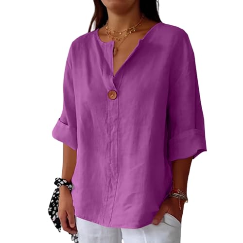 Women's Linen Shirt Button Down V Neck Trendy Solid Blouse 3/4 Sleeves Casual Loose Fit Tunic Tops Summer T Shirts