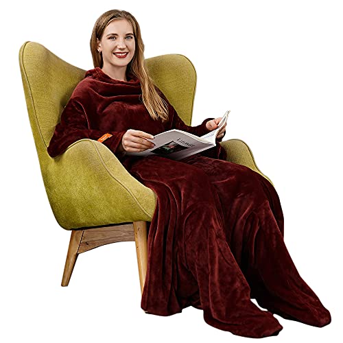 Winthome Manta con Mangas, Batamanta Polar con puños elásticos, Cierre de Gancho y Lazo, Suave y Acogedor Manta de TV por Mujer Hombre Sofa (Vino Tinto, 140 x 180cm)