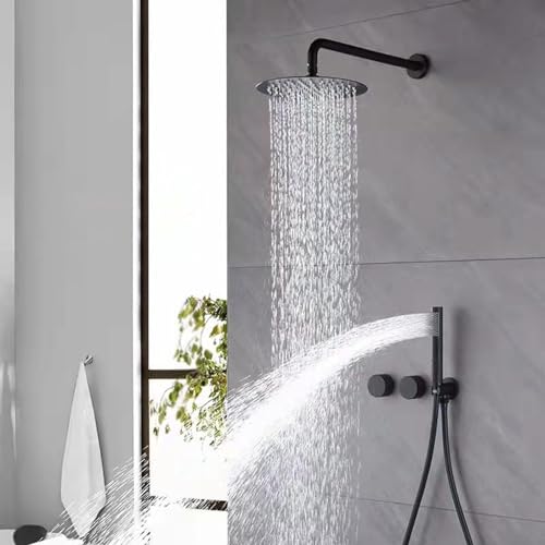 隠しシャワーキット 壁掛け式 温水・冷水2機能 真鍮製ダブルハンドル 隠しバスミキサータップ ハンドヘルドシャワーキット ブラック