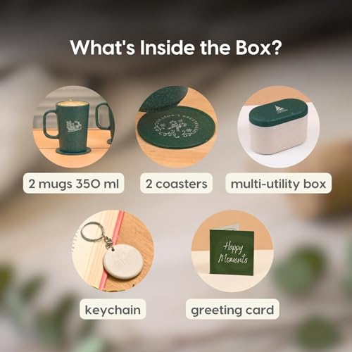 Image of Eha Earth-Friendly Christmas Gifts for Friends and Family | Secret Santa Gifts | Made with Rice Husk | Printed Christmas Mug and Coasters Set of 2, Keychain & a Loopac Box | 350 ml | Fern