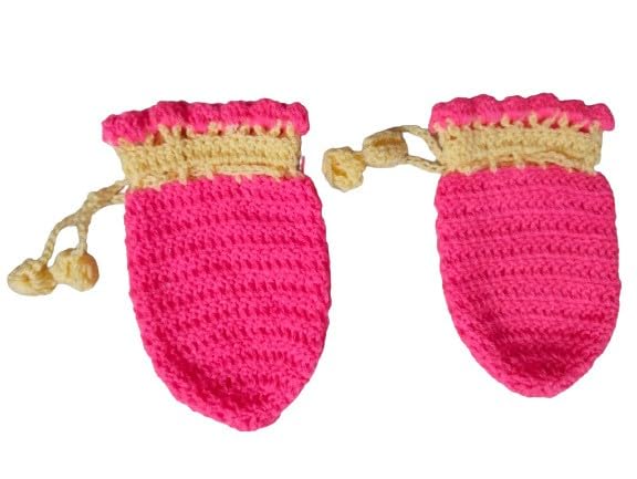 NILU CRAFT Baby (Boy and Girl) Winter one Cap, one Pair Mittens and one Pair Socks Hand Knitted by Wool (1 To 2 Year, Pink And Yellow) - Image 2 thumbnail
