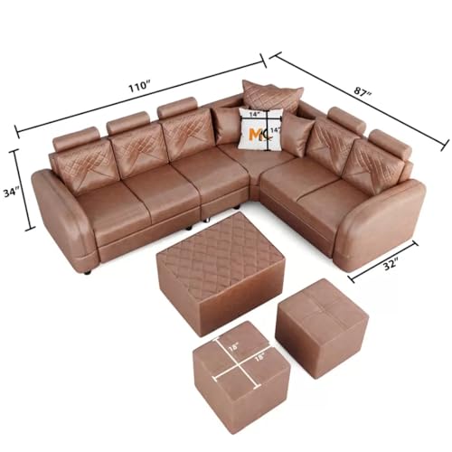 Image of FURNY Desiroy 8 Seater Leatherette Sectional Corner Modular L Shape Sofa Set with 1 Centre Table & 2 Puffy (Brown)