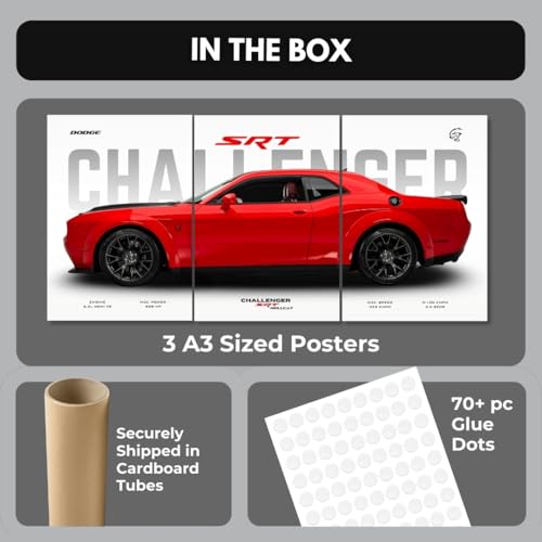 Image of Dodge Challenger Poster Split Design Car Posters | 3 A3 Sized Dodge Challenger Cars Poster for Wall | Large Size (89 x 42 cm) Muscle Cars Wall Decor | Muscle Car Posters for Room (B 039)