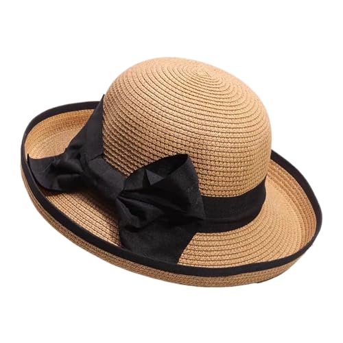 Sun Hats For Hats Sombrero de paja de verano for mujer, sombrero de pesca con lazo elegante rizado for viaje, protección solar y sombrilla, sombrero de playa For Travel Hiking Fishing Beach(Khaki)