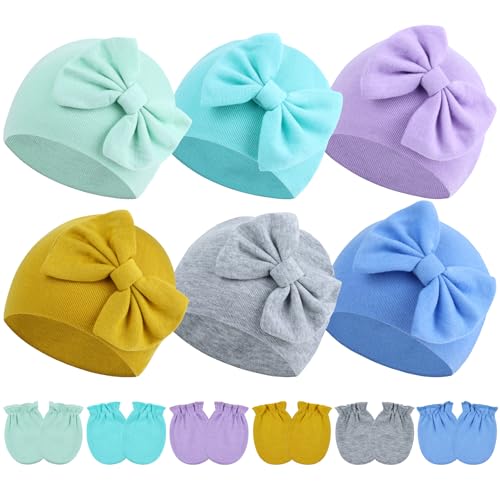 Cinaci 6 Sets Stretchy Soft Cotton Bow Turban Hats and No Scratch Mittens Nursery Hospital Caps Bonnets Beanies Gloves Set for 0-6 Months Baby Girls Newborns Infants