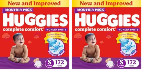 Image of Huggies Complete Comfort Wonder Pants | Pant Style Baby Diapers S Size, 172 Count | India's Fastest Absorbing Diaper, Patented Dry Xpert Channel, Ideal for 4 to 8 Kgs (Pack of 2)