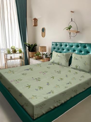 Image of ROSARAHOME 180 TC Microfiber Flat Queen Size Double Bed Bedsheet with 2 Pillow Cover| Bedsheet:240cmx225cm Pillow Covers:45cmx70cm,Floral Light Green