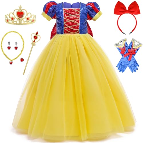 TRACYCY Filles Déguisement Blanche Neige, Paillettes Princesse Robe de Soirée avec Accessoires Noël Carnaval Halloween Fête Anniversaire Enfant Snow White Robe de...