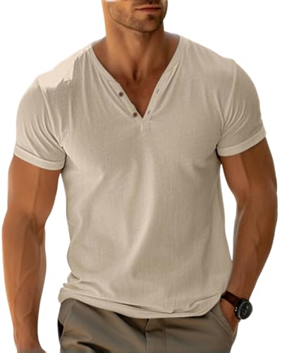 LAOARA Camiseta de verano para hombre, camiseta de Henry, manga corta, informal, ligera, caqui, M