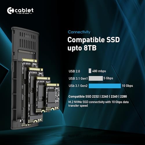Image of Cablet NVMe M2 SSD Enclosure, USB 3.2 Gen2 10Gbps, Tool-Free NVMe Case Realtek RTL9210 Chipset, USB-C PCIe NVMe Reader, Max 8TB Aluminium Case, Supports M & B&M Key SSDs 2230 /2242 /2260 /2280 (MS902-C3)