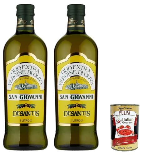 DeSantis San Giovanni - Aceite de oliva virgen extra – 2 × 1 L – Extraído en frío, sabor armonioso para cocina y ensaladas, aceitunas de la UE, botellas de cristal – Calidad premium – + Polpa italiana