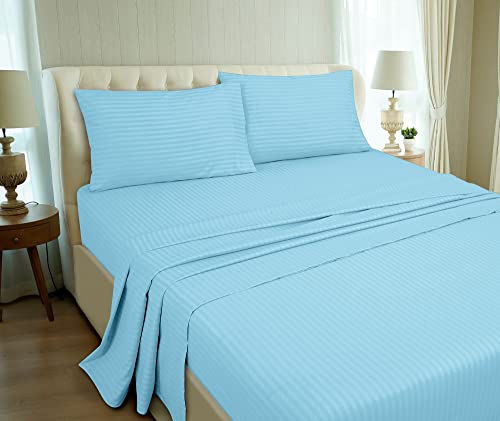 Image of ROYALE LINENS 3 Piece Twin Sheets Set - Soft Brushed 1800 Microfiber - 1 Fitted, 1 Flat Sheet, 1 Pillow case - Wrinkle Free & Fade Resistant - Hotel Luxury Bed Sheets (Stripe Lake Blue, Twin)