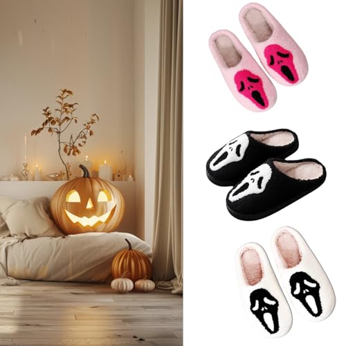 Halloween Skull Scream Spooky Fuzzy Warm Slippers Ghost Face for Women and Men Holiday Season Indoor Bedroom Shoes3