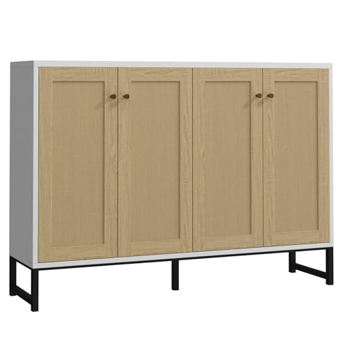 Panana Sideboard Accent Storage Cabinet with Rattan Decorated 4 Doors Dining Room Freestanding Kitchen Buffet Table Cupboard (White)