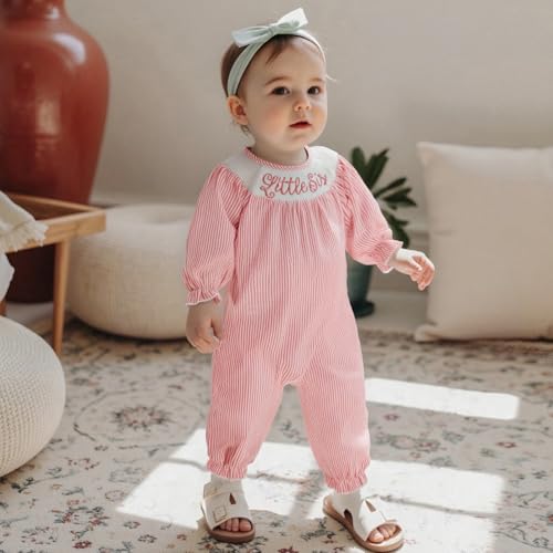 Little Sister Newborn Outfit Infant Girl Gingham Romper Embroidery Letter Smocked Long Sleeve Seersucker Jumpsuit3