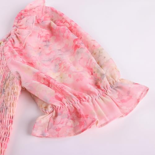 Image of Scarlet Darkness Floral Dress for Women Summer Puff Sleeve Square Neck A Line Flowy Wedding Guest Tea Party Dresses