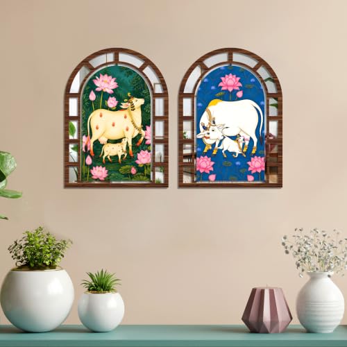 Image of Artvibes Kamdhenu Cow Wall Hanging Decor | Decorative Jharokha Mirror for Living Room, Bedroom, Hall, Prayer Room, Dining Room, Foyer & Entryway | Gift (WHJ 12047N), Set of 2