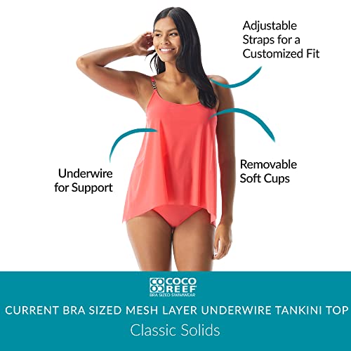 COCO REEF Current Bra Sized Mesh Layer Underwire Tankini Swim Top — Papaya, 34C4