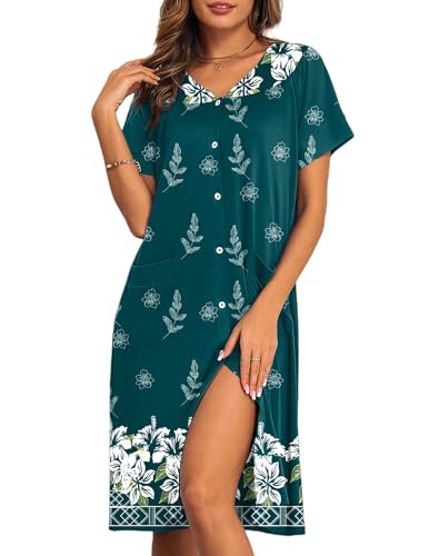 Image of Ekouaer House Dresses for Women with Pockets Button Down Nightgowns Plus Size Moo Moos Mumu Dresses Floral Print S-3XL