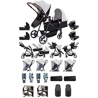 Rexhan Twin 4 in 1 Reversible Travel System, Foldable Double Baby Buggy, Twin Toddler Pram, Pushchair, Tandem All in One Stroller, Lightweight, Portable Baby Carriage, Newborn 0-4 Year, Aluminium