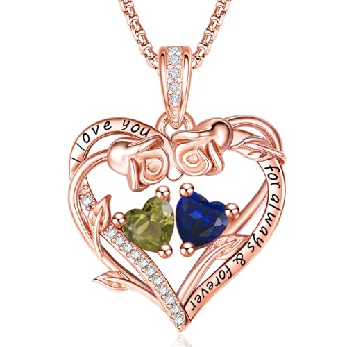 Rose Heart Necklace Gifts for Women - Rose Gold Double Birthstone Necklace, Wedding Anniversary Birthday Gifts for Her Wife Mom Friend Daughter Grandma Sister - Main Image