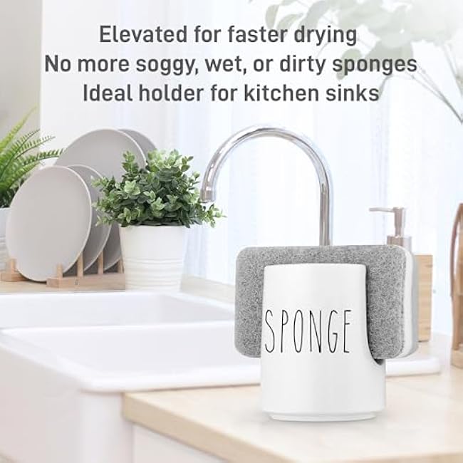 Ceramic Sponge Holder for Kitchen Sink ¨C White Sink Caddy Organizer ¨C Farmhouse Kitchen Sponge Holder ¨C Cute Ceramic Sponge Rest for Countertop