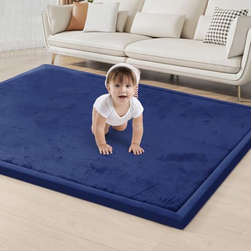 Image of ACOMOPACK Baby Play Mat for Floor 1.3 inch Thick Memory Foam Play Mat 71 inchx79 inch Tummy Time Crawling with Non-Slip Bottom for Living Room,Nursery,Soft Velvet Playpen Mats for Kids,Infants(Royal Blue)