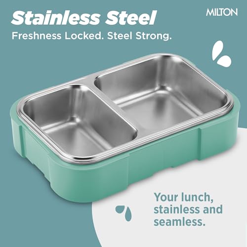 Image of Milton Bravo 2 Inner Stainless Steel Tiffin Box for School, 2 Partition, Steam Release Plug| PU Insulated, Leak-Proof, Food Grade I Lunch Box for Kids Boys,Girls with Snap Lock Lid,650 ml,Pastel Green
