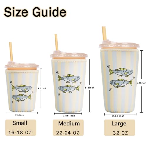 Image of Reusable Insulated Sleeve for Iced Coffee Cup, Coffee Neoprene Sleeve for Cold & Hot Drinks, Beverage Holder for Iced Coffee (Fish Stripes, Medium: 22-24oz)