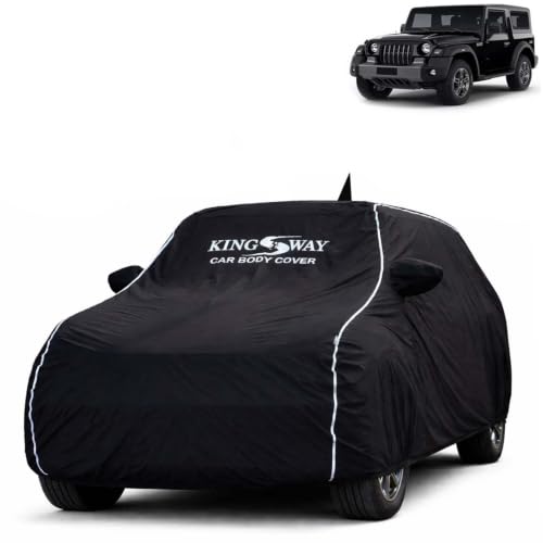 Image of KINGSWAY Super Waterproof Car Cover Only with Mahindra Thar (Year 2020 to 2025 - All Model) | Mirror and Antenna Pockets | All Weather Car Body Cover with Silver Piping | Black