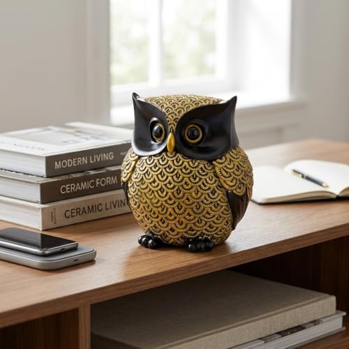 Image of Xtore Modern Classy Lucky Owl Resin Art Figure Showpiece (Pack of 1, Black and Golden)