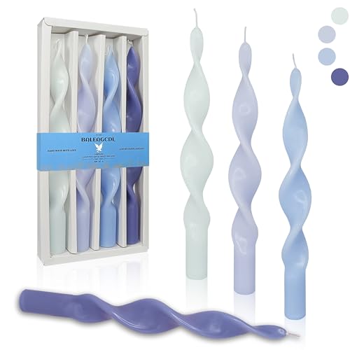 Image of Smokeless Gradient Blue Spiral Taper Candle 10 Inch Unscented Candlesticks Handmade Long Twisted Candles for Wedding Church Home Decor Gifts 4 Pcs