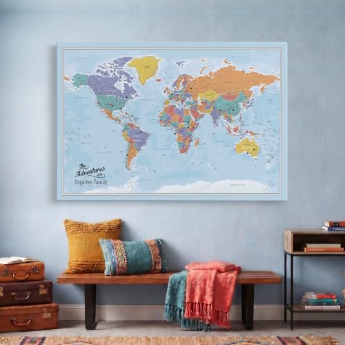 Image of Blue Oceans World Map with Pins - Personalized Travel Tracker - Modern Frameless Canvas Wall Art - Gallery Wrap - 30 inch x 45 inch