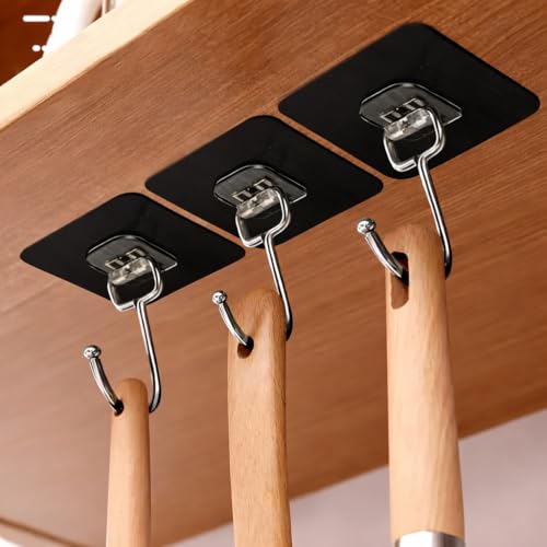 Image of 6 PCS Black Self Adhesive Wall Hooks Heavy Duty Sticky Wall Hanger Hooks Nail Free Waterproof Hooks for Bathroom Kitchen Home Office Towels Utensils Hanging Without Drilling Strong Hold