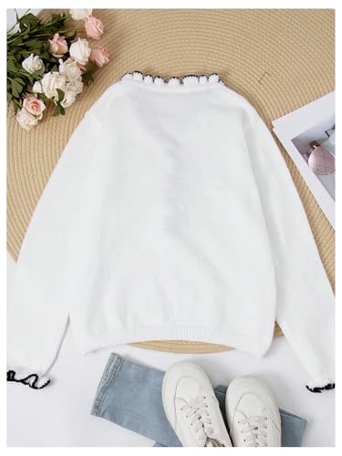 MakeMeChic Women's Pearl Beaded Long Sleeve Sweater V Neck Ruffle Trim Knitted Pullover Tops2