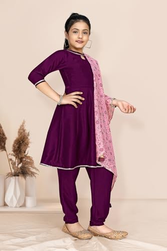 Image of Fashion Dream Girl's Chinnon Fabric Kurta Pant And Dupatta Set (Wine 5-6 Year)
