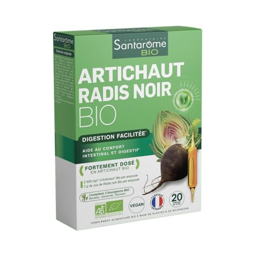 Santarome Bio - Artichaut Bio Radis Noir Bio - Complément alimentaire foie et digestion - Digestion facilitée - Fortement dosé - Trio de Bourgeons - 20 ampoules - Végan - Made In France