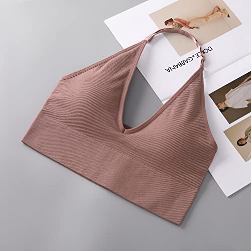 Image of Women Halter Bra Top Yoga Bralette Crop Tanks Workout Sports Bras V Neck with Adjustable Strap Seamless Padded