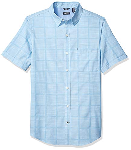 IZOD Men's Saltwater Short Sleeve Windowpane Button Down Shirt, Heritage Blue, X-Large