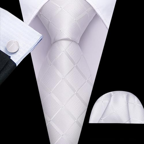 Image of Barry.Wang Plaid Ties Check Mens Necktie Set with Handkerchief Cufflinks Classic Stripe, White Solid