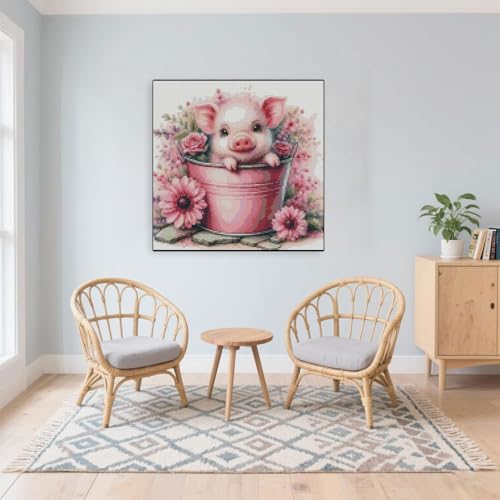 Image of Cute Pig Stamped Cross Stitch Kits for Adults Beginner, Flowers Dimensions Needlepoint Art Crafts Embroidery Kits for Adults Beginners 13.7x13.7 inches