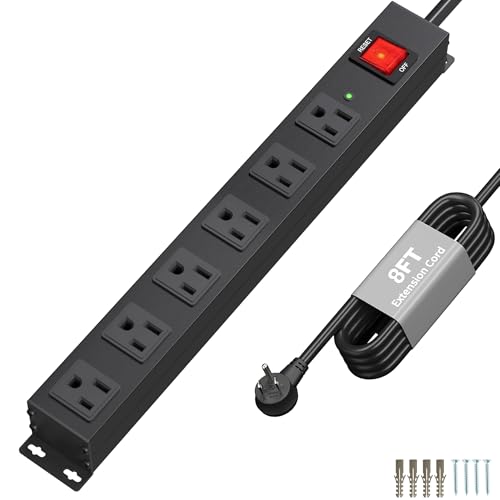 KF 6 Outlets Heavy Duty Power Strip with 2100J Surge Protection and 15A Circuit Breker,6 Wide-Spaced Outlets in Metal Housing,Wall Mount with 8FT Extension Cord for Organized Home,Office,Garage