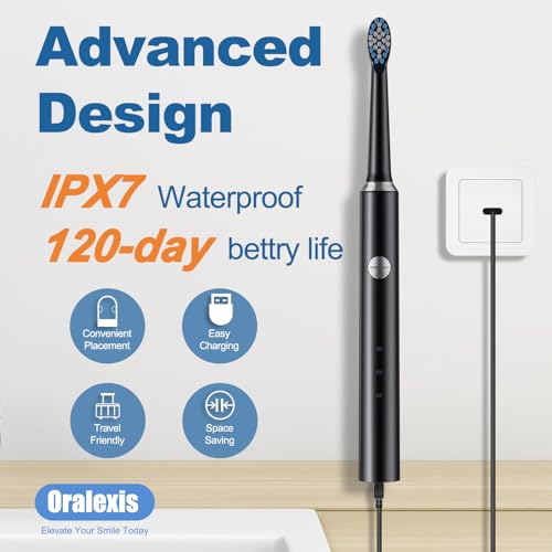 Image of Electric Toothbrush for Adults and Kids, with 8 Brush Heads and Tongue Scraper, 2 Minute Smart Timer, One Fast Charge Last 120 Days, 40000 VPM Deep Clean, Sonic Travel Toothbrush - Black