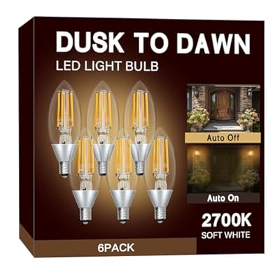 UNILAMP Dusk to Dawn Light Bulbs, Outdoor Candelabra Light Bulbs, 5W Equivalent 40W, 2700K Soft White, 500LM, Edison Vintage Filament E12 Base, Photocell Sensor for Sconces Porch Patio Garage, 6 Pack